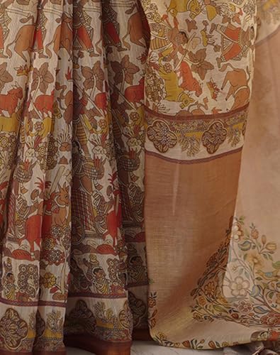 Image of SIRIL Women's Cotton Linen Kalamkari Printed Handloom Saree with Unstitched Blouse Piece