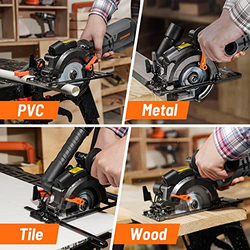 Image of DOVAMAN Mini Circular Saw, 710W Circular Saw with Laser, 3500rpm, Metal Auxiliary Handle, Cutting Depth 43mm (90), 29mm (45), 6 Blades Ideal for Wood, Soft Metal, Plastic, Tile - MCS01A