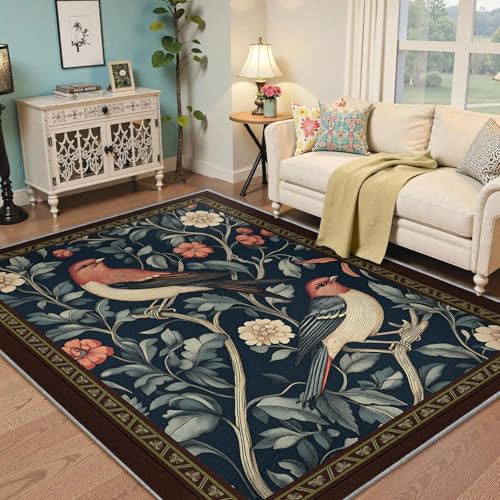 Tapis poil bas 160x230 vintage oiseau et fleur pour une entrée style nature