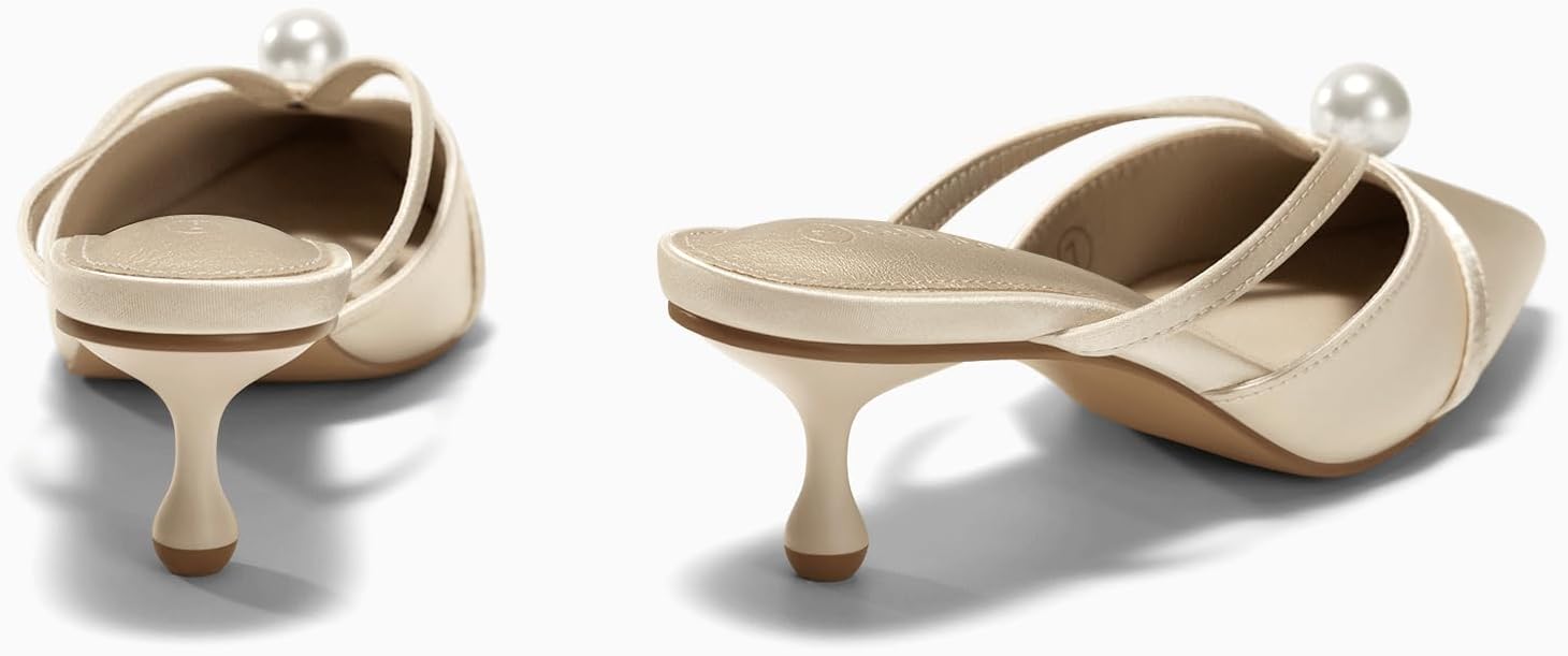 Coutgo Womens Pearl Kitten Heels Mules Closed Pointed Toe Sandals Satin Wedding Party Dress Shoes - Image 6