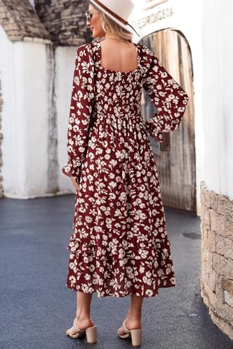 Image of Dokotoo Boho Dresses for Women 2025 Casual Floral Square Neck Long Sleeve Smocked Elastic Waist Tiered Ruffle Hem Maxi Dress