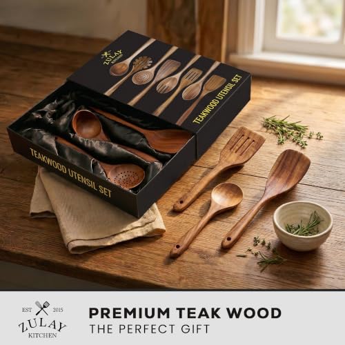 Image of Zulay Kitchen 9-Piece Teak Wooden Utensils for Cooking - Natural Teak Utensil Set with Premium Gift Box - Non-Stick Wooden Spoons for Cooking - Kitchen Gift Set - Comfortable Grip Wooden Utensil Set