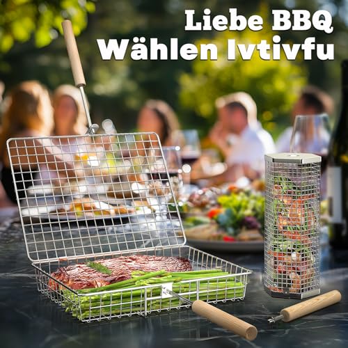 ivtivfu Nestendes Rollendes Grillkorb Set (Rechteck+Sechseckig), Abnehmbarer Holzgriff, Edelstahl 304, Grill Zubehör für Gemüse Garnelen, Outdoor Camping Gasgrill, Geschenke für Männer Ehemann Papa
