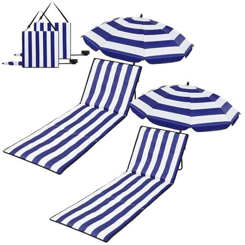 Briwooody 2 Set Beach Chairs with Umbrella Portable Beach Lounger Lightweight Foldable Outdoor Lounger Chair for Outdoor Travel Sunbathing Camping(Stripe Style,Blue,White,Large)