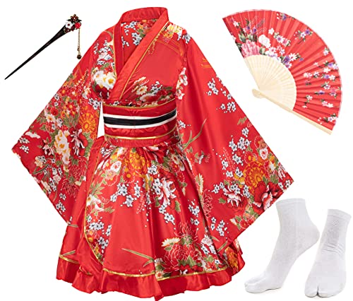 Japanese Anime Womens Dance Kimono Robe Fancy Dress Yukata Silk Folding Fans Tabi Hairstick Socks Set Red Small