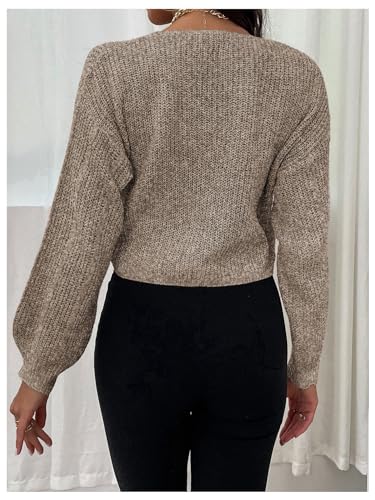 WDIRARA Women's Drawstring V Neck Sweater Long Sleeve Pullover Knit Crop Top3