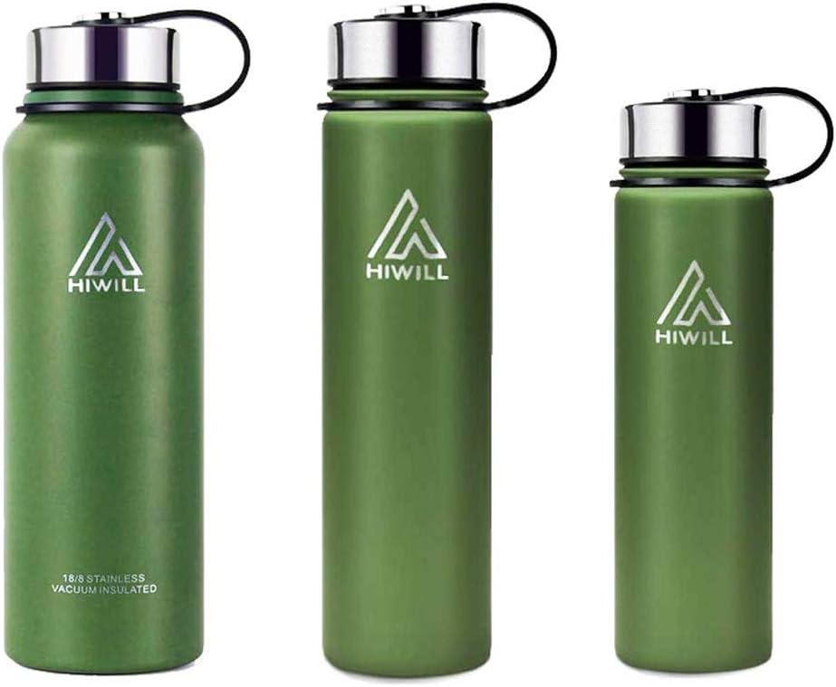 Hiwill Stainless Steel Insulated Water Bottle 2 Lids, Cold 24 Hrs Hot 12 Hrs, Double Wall Vacuum Thermos Flask, Travel Sports Leak Proof Bottle, BPA Free (Army Green, 21 oz)