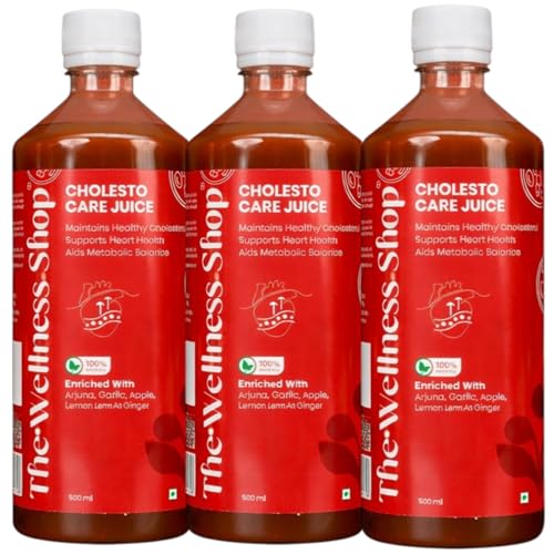 Image of The Wellness Shop Cholesto Juice 500ml (Pack of 3) | Supports Heart Health, Cholesterol & BP Balance | Ayurvedic Herbal Drink with Garlic, Arjuna & Lemon | Sugar-Free Formula