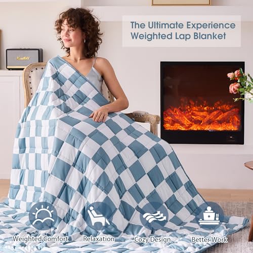Blue Checkered Weighted Blanket for Adults 15lbs, 48"x72", Twin Full Size Cooling Plaid Heavy Throw Blanket for 120-160lbs, Microfiber Soft Thick Big Blankets Weighted Comforter Gift for Sleeping