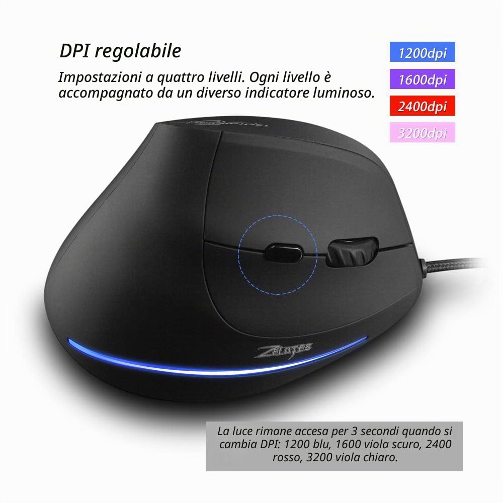 zelotes Mouse Verticale Cablata, 3200DPI,6 Pulsanti,Protegge Il Braccio,Illuminazione a LED,Design Ergonomico,Mouse con Filo Ottico USB per PC,Laptop,Mac,Nero