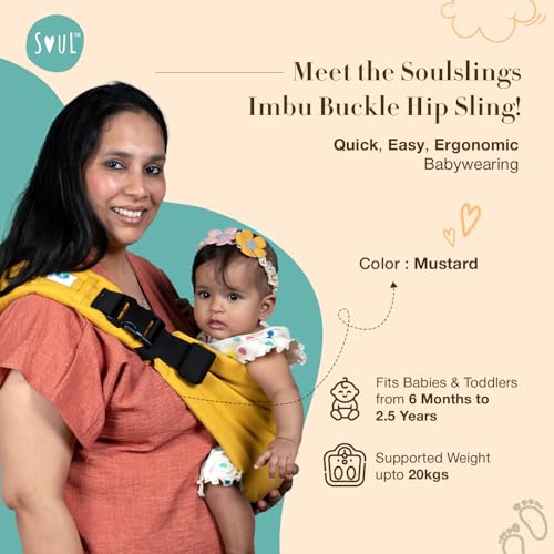 Image of Soulslings Imbu Buckle Hip Sling Baby Carrier -100% Cotton - Mustard | Baby Toddler Carrier | Baby Sling Carrier | Lightweight Sling Baby Carrier for Babies & Toddlers | Adjustable for 6 - 30 Months (Upto 20kg)
