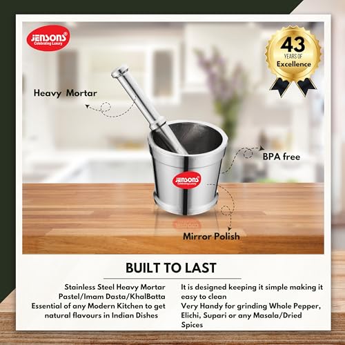 Image of Jensons Stainless Steel Okhli | Mortar & Pestle Set | Musal Set | Khalbatta for Kitchen Spice Mixer | Imam Dasta | Hand Smasher /Hamam Dasta | Kharal Idi Kallu /Khal batta
