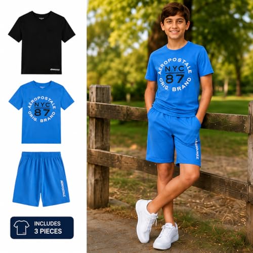 Image of AEROPOSTALE Boys Athletic Shorts Set 3 Piece Graphic T Shirts Fleece Shorts | Soft Breathable Jersey Tees, Elastic Waistband, Side Pockets, Screen-print Design, Durable Stitching for School & Play