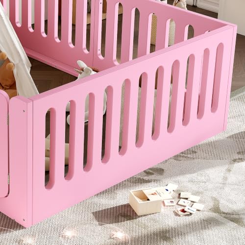 Image of Bellemave Queen Montessori Floor Bed Frame,Pink | Solid wood kids montessori floor bed with high safety fence & door, low to ground design for girls and boys