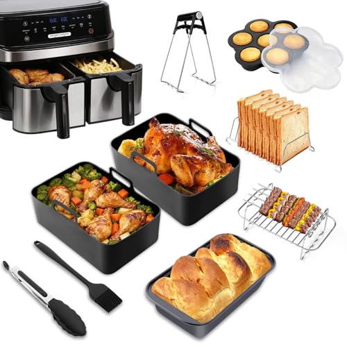 Bestdin Airfryer Zubehör für Ninja – 14-Teiliges Heißluftfritteuse Zubehör für Ninja Foodi AF300EU/400EU und Andere 7,6L - 9,5L Fritteusen mit Zwei Zonen, Hitzebeständig, Spülmaschinenfest
