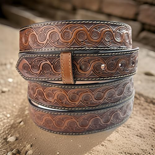 Western Leather Belt for Men Women Full Grain One Piece Leather Cowboy Belt Handmade Engraved Tooled 1.5” Wide4