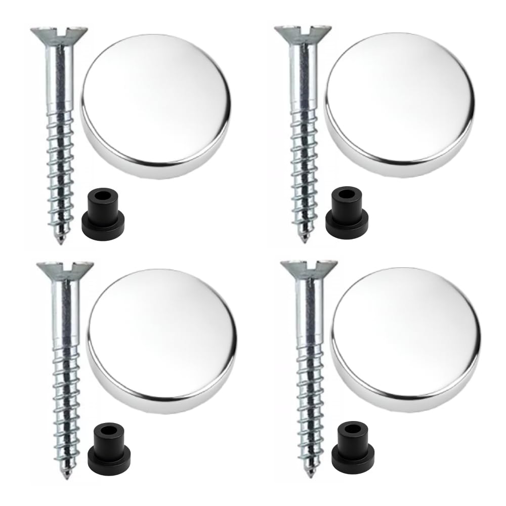 20mm Polished Chrome Flat Caps – Pack of 4 x 32mm Zinc Mirror Screws with Rubber Washers, Waterproof & Rust-Proof
