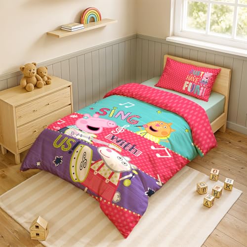 Image of Sassoon Peppa Pig (Sing) Digital Printed, Cotton Single Bedsheet, 300 TC, 1 Pillow Cover, Fade Resistant, Bedsheet for Kid's Bedroom, (1.50m X 2.35m)