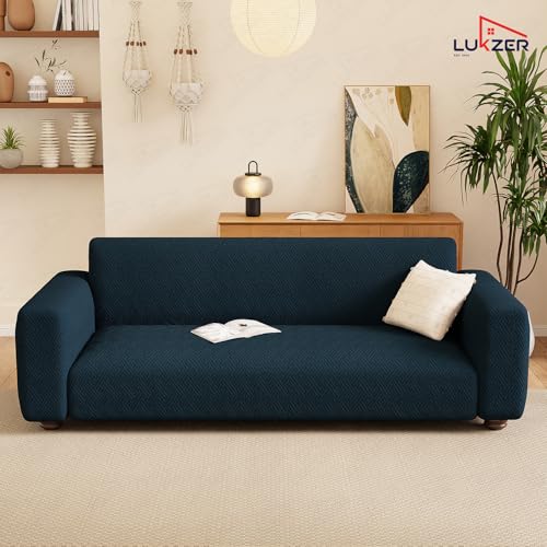 Image of Lukzer 4 Seater Pastel Marine Blue Grid Maze Pattern Sofa Cover | 240 GSM Universal Stretch Fit Jacquard Fabric Couch Protector | Fully Covered Anti Slip & Washable Sofa Cover (230-300cm /SC-110-04)