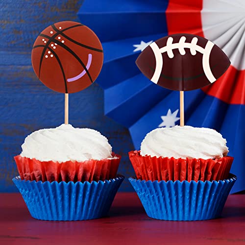 Blue Top 48Pcs Two Side Sports Ball Cupcake Toppers Players Sports Theme Cupcake Picks Birthday Party Decor Football Baseball Basketball Rugby Decoration Picks #TOP4
