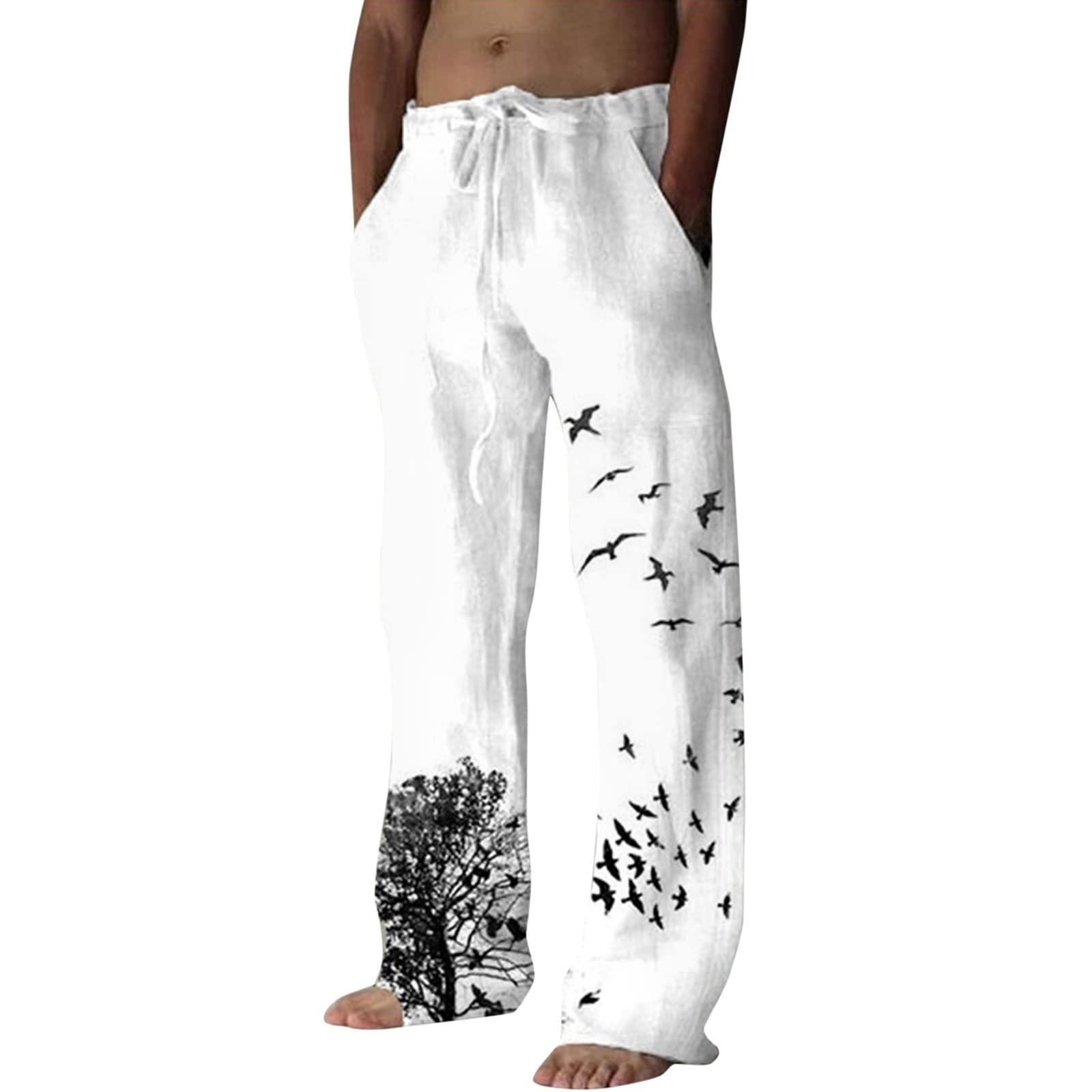 AUDATE Pantalones De Lino Para Hombre, Pantalones Largos Y Anchos Con Cremallera, Pantalones De Playa Con Cordón Y Bolsillos, Blanco