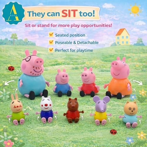 Image of ALCA Peppa Pig Figure Family Set of 9 Pieces | Pretend Play Toy Set with Peppa, George, Mummy Pig, Daddy Pig & Friends | Poseable Family & Friends Action Figures for Kids, Boys & Girls |