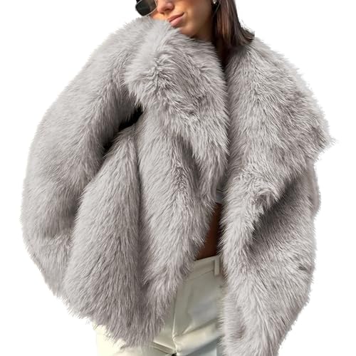 Ainangua Womens Faux Fur Coat Shaggy Oversized Lapel Button Fuzzy Ladies Jackets Warm Winter Outfits(Light-grey,S)