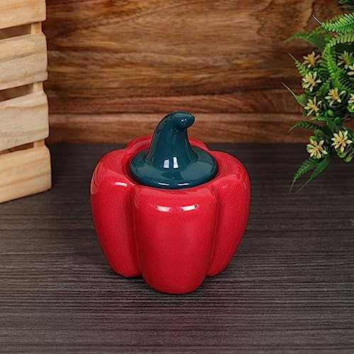 Image of QIMACPLUS Ceramic Capsicum Decorative Pickle Jar| Food Storage Jar | Multipurpose aachar, masala Jar For kitchen and Dining table 500 ML set of 1 Red