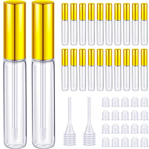 20 Pieces 10ml Lip Gloss Tubes Empty Lip Gloss Containers Clear Lip Balm Bottle with Rubber Stoppers and 2 Pieces Funnels for Women Girls DIY Tool (Golden)