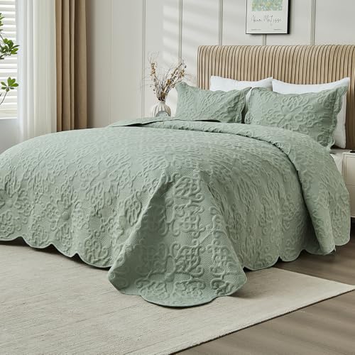 Image of Oversized California King Bedspreads 120x120 for Extra Tall Split Cal King Bed Lightweight Quilted Coverlet Set 3 Pieces 1 Quilt 2 Pillow Shams Sage