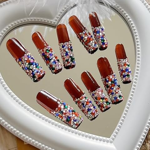 NAIL ANGEL 10PCS/SET Glamorous Handmade Press on nails Glitter Mixed Rhinestone French Long Coffin Nails Party Nails XXL Long Artifical Tips ZJ-04(S) Cover