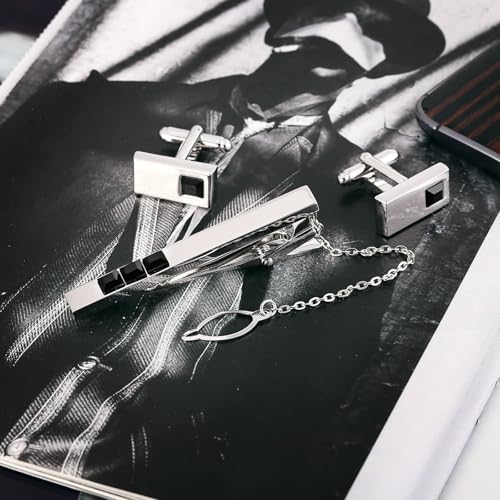 Gemelos de acero inoxidable de regalo para hombre diseño rectangular negro con circonitas 3