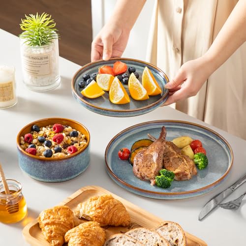 Image of vancasso ONION Ceramic Plates and Bowls Sets, 24 Pieces Blue Dinnerware Sets for Kitchen, Reactive Glaze Dishes Set for 8, Dishwasher and Microwave Safe