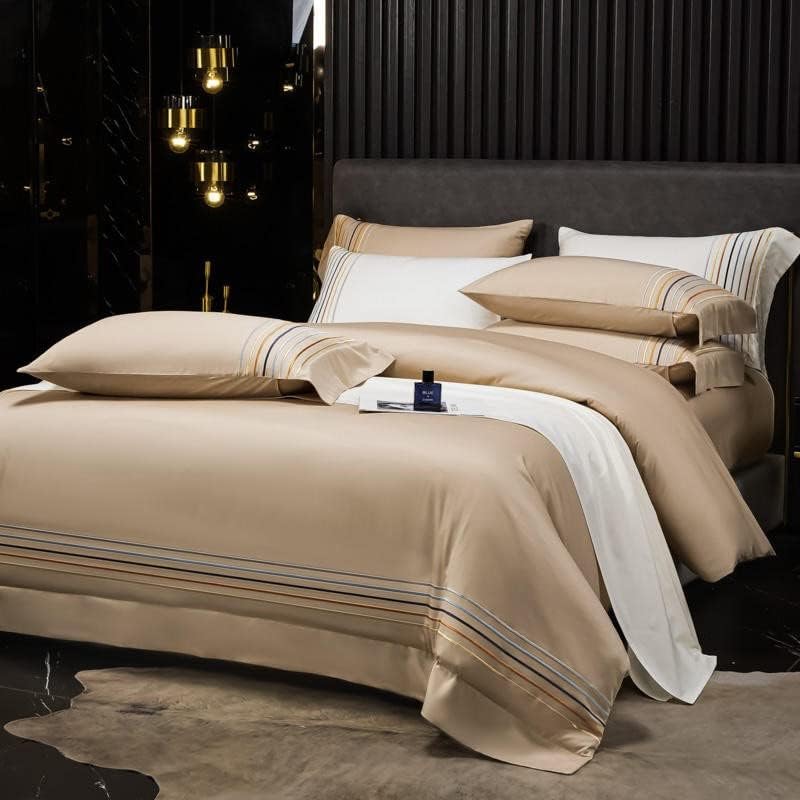 Miniatura 4 de Juego de funda de edredón de hotel con bordado de rayas de algodón egipcio para cama individual, doble, queen, king (color A, tamaño doble 78.7 x