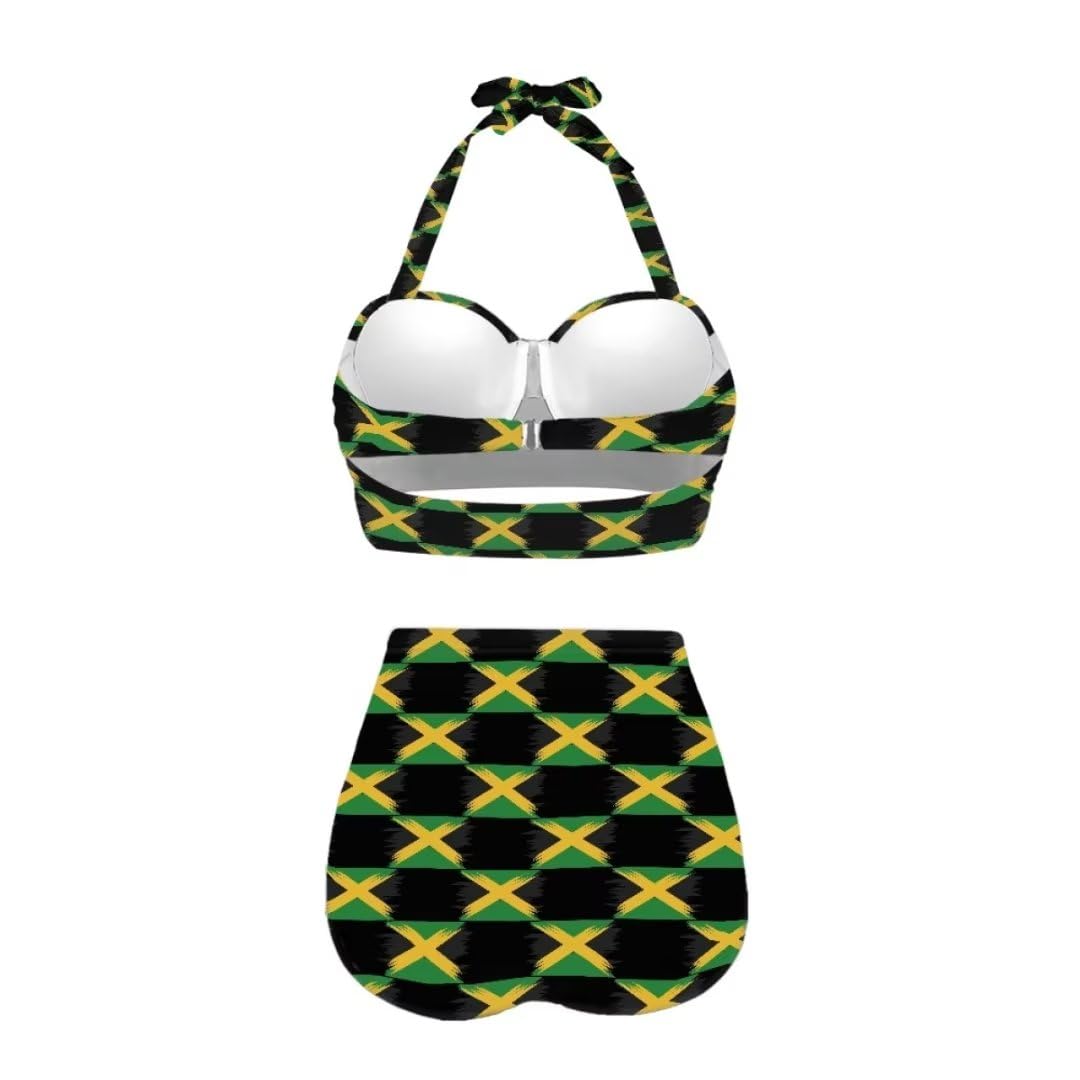 Youngerbaby Jamaican Flag Women's Chic Summer Beach Hot 2 Piece Halter Neack High Waist Padded Sexy Swimsuit Plus Size 2XL