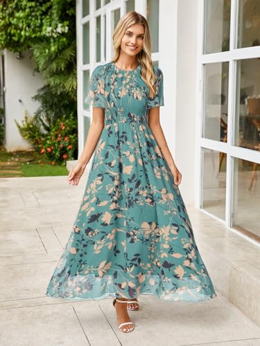 Image of Simplee Womens Casual Floral Summer Maxi Dress 2026 Boho Flowy Short Sleeve Crew Neck Vacation Smocked Chiffon Dresses