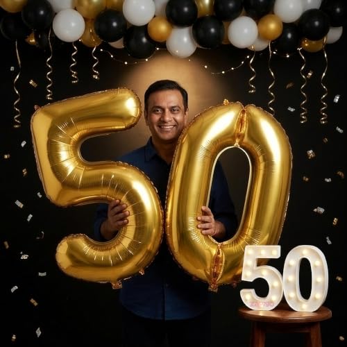 Image of Balloonistics Gold 40-Inch Foil Number 50 Balloon with Matching LED Marquee Light - Combo Set for 50th Birthday, Anniversary, Party Decoration, Photo Booth Backdrop