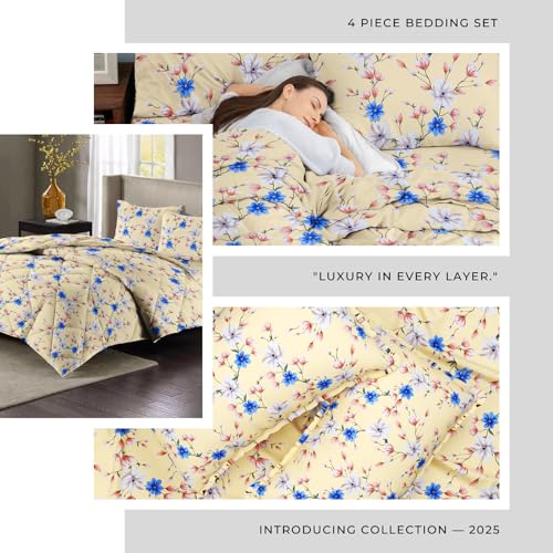 Image of HOMEKART 220 GSM Microfiber 4-Piece Comforter Bedding Set for Double Bed | King Size AC Comforter with Flat Bedsheet (90x100 Inch) & 2 Pillow Covers | Soft, Lightweight & All-Season | Beige-Blue