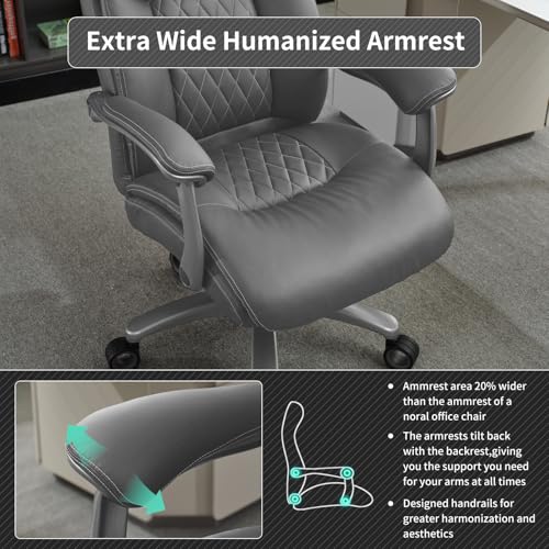 Image of Big and Tall Office Chair with Wide Area Armrest, 600lbs Heavy Duty Desk Chair with Adjustable Lumbar Support, PU Leather High Back Ergonomic Executive Computer Chair with 3'' Silent Casters