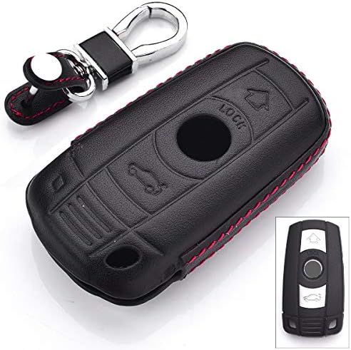 Royalfox(TM) Luxury 3 Buttons Genuine Leather Smart keyless Entry Remote Key Fob case Cover for BMW 1 2 4 5 6 Series,for bmw old smart key,with Keychain