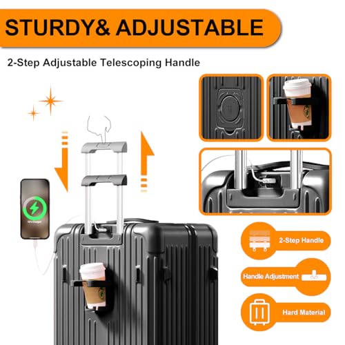 Krute Luggage with Spinner Double Wheels Suitcases with USB Port and Cup Holder TSA Lock PC+ABS Hardside Checked Luggage 28 Inch (Black)4