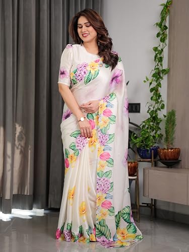 Image of ALMAARI FASHION Satin Georgette Floral Printed Saree with Blouse, 5.5 Meter Saree with 0.8 Meter Blouse, Traditional (SG 113 H)