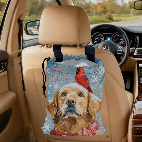 Image of Cardinal Car Garbage Bag,Golden Retriever Dog Small Car Trash Bag Hanging Back of Seat,Drawstring Car Trash Bag with Adjustable Buckle,Car Accessories for Camping Travelling