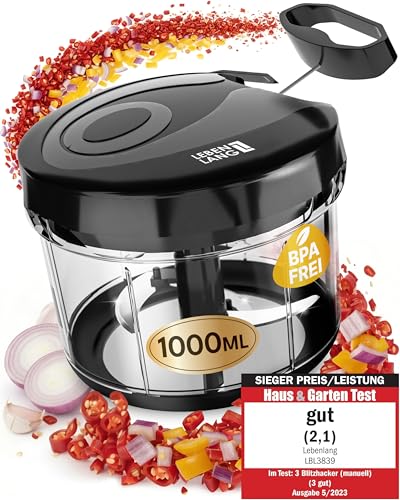 LEBENLANG Gemüse & Zwiebelschneider - 1L Obst Zerkleinerer manuell & BPA-Frei | Schwarz für...
