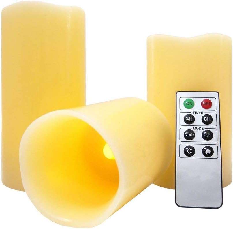 MACNEIL Pack of 3 Battery Operated Remote Control LED Flameless Flickering Wax Drip Effect LED Candles - Perfect for Creating a Special Ambiance at Home - Soothing, Romantic and Enchanting - Complete with 2 Year Guarantee!
