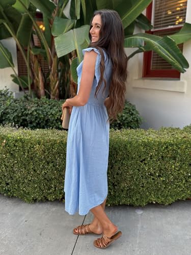 Image of Simplee Womens Striped Midi Summer Dress Linen Casual Flutter Short Sleeve Crew Neck Smocked Elastic Waist Tiered Beach Dress(Blue M)