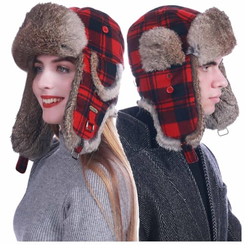 Image of Winter Trapper Hat for Men Women Warm Soft Russian Ushanka Hat Real Rabbit Fur Aviator Bomber Hats Winter Hats with Ear Flaps