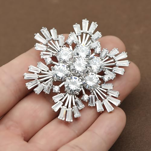 Image of Women's Cubic Zircon Snowflake Brooch Pins Elegant Clear Crystal Ice Flower Lapel Pin Breastpin