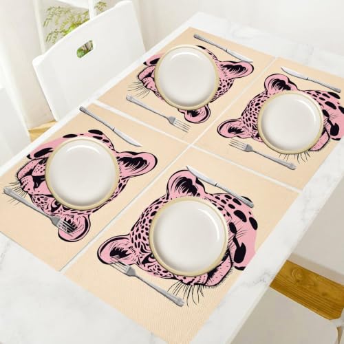 Set de table lin de coton imprimé léopard rose élégant et durable x6 - 6
