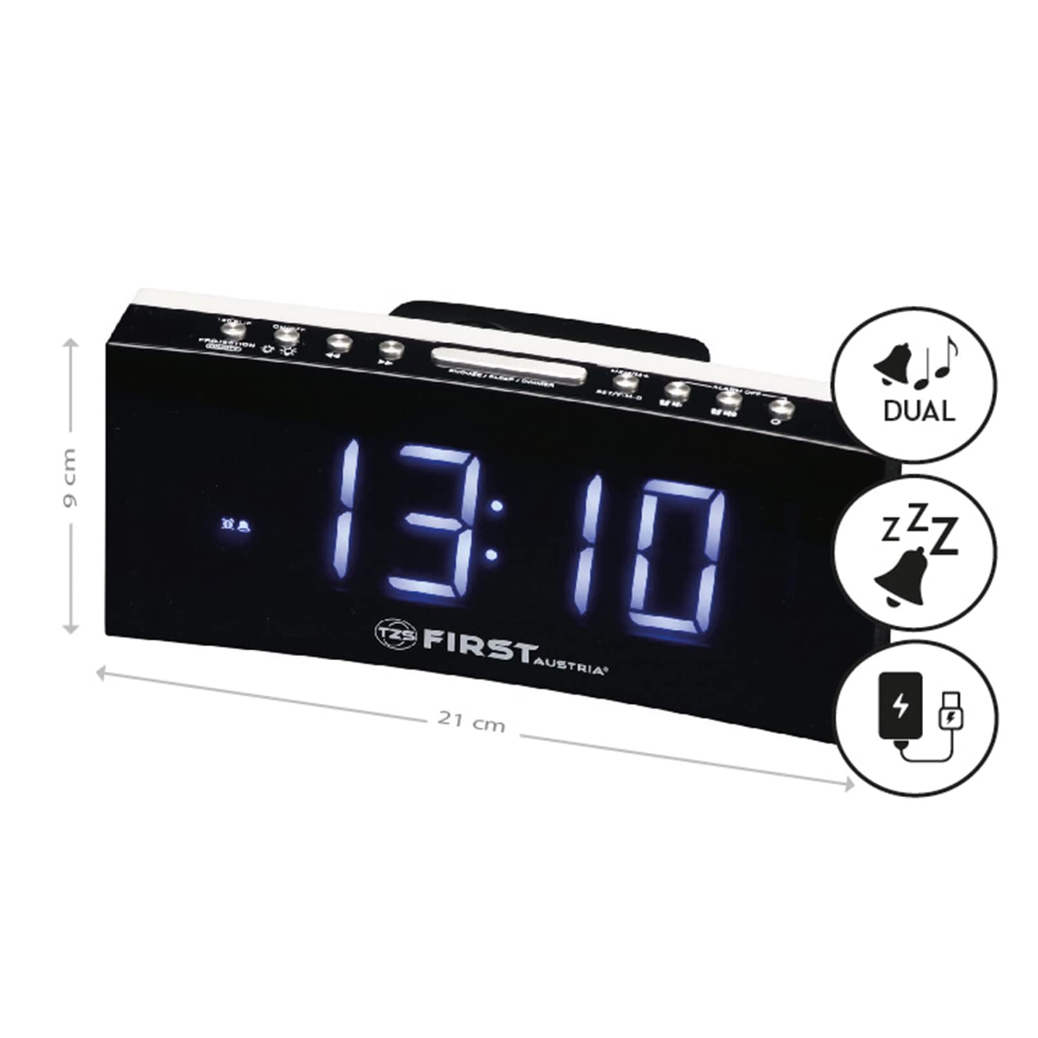 TZS First Austria Radiosveglia, radio FM, LED blu da 1,8 pollici, doppio allarme, calendario, luce notturna, proiezione regolabile